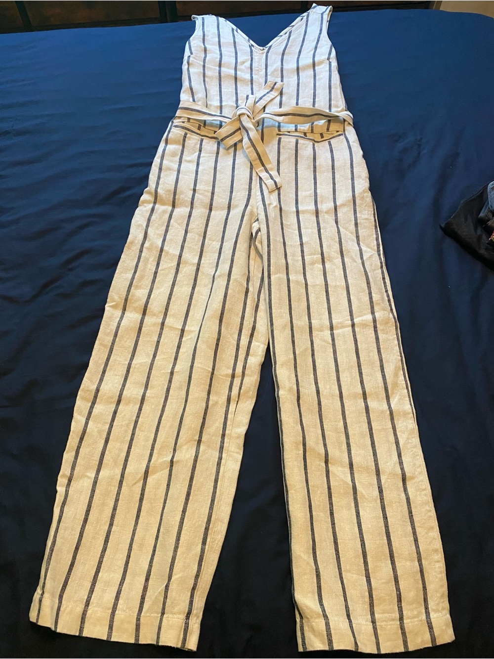 Faherty Cream and Navy Striped Sleeveless Tie-Waist Jumpsuit